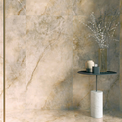 Opaline Pearl marble-effect polished porcelain tiles styled in a room setting
