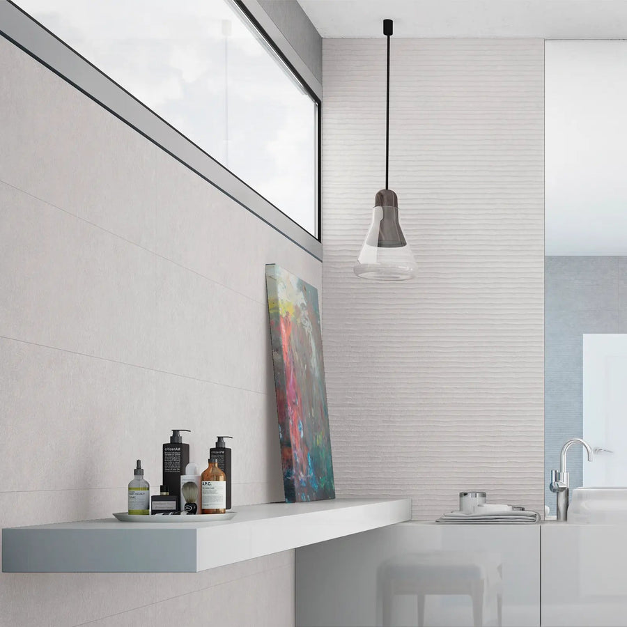 Light Stone White 30 x 90cm ceramic stone effect tile room setting