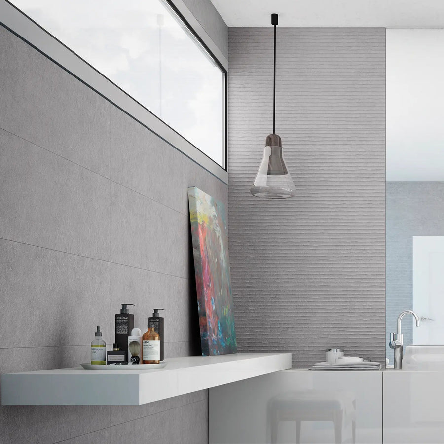 Light Stone Grey 30 x 90cm ceramic stone effect tile room setting