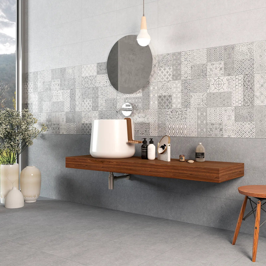 Light Stone Grey 30 x 90cm ceramic stone effect tile room setting
