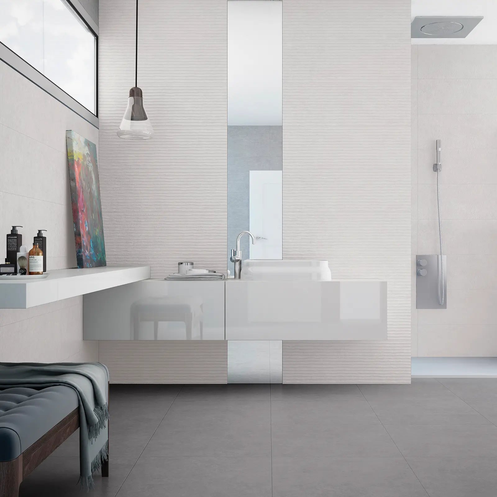 Light Stone Score White 30 x 90cm ceramic stone effect tile room setting
