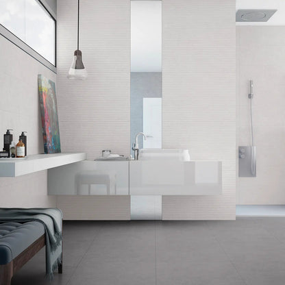 Light Stone Score White 30 x 90cm ceramic stone effect tile room setting