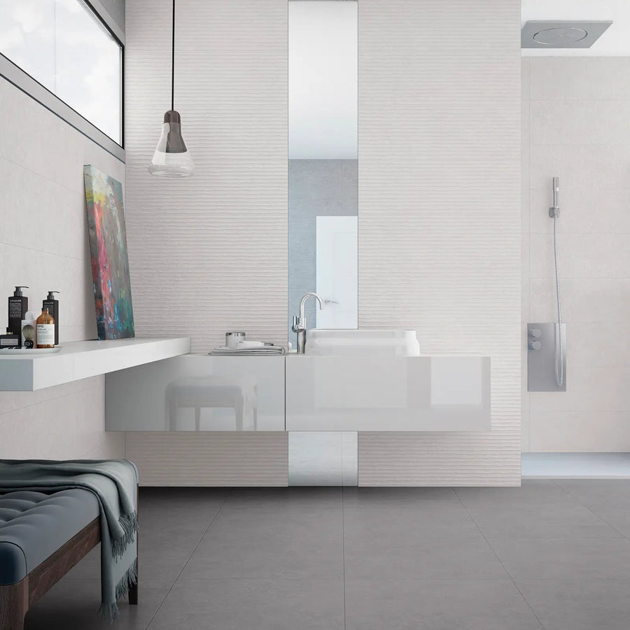 Light Stone Score White 30 x 90cm ceramic stone effect tile room setting