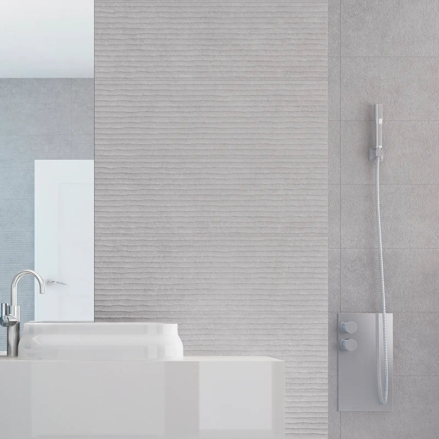 Light Stone Score Grey 30 x 90cm ceramic stone effect tile room setting