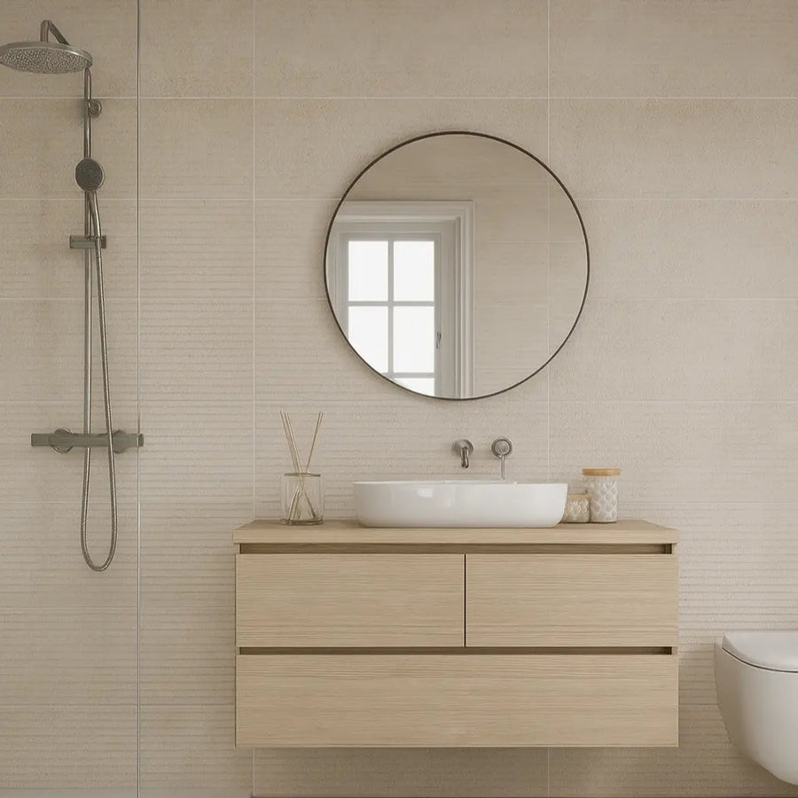 Light Stone Score Beige 30 x 90cm ceramic stone effect tile room setting