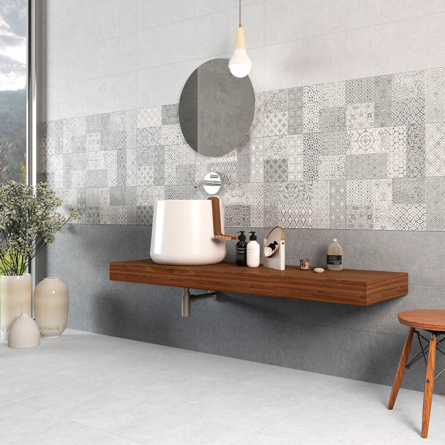 Light Stone White Floor 60 x 60cm porcelain stone effect tile room setting