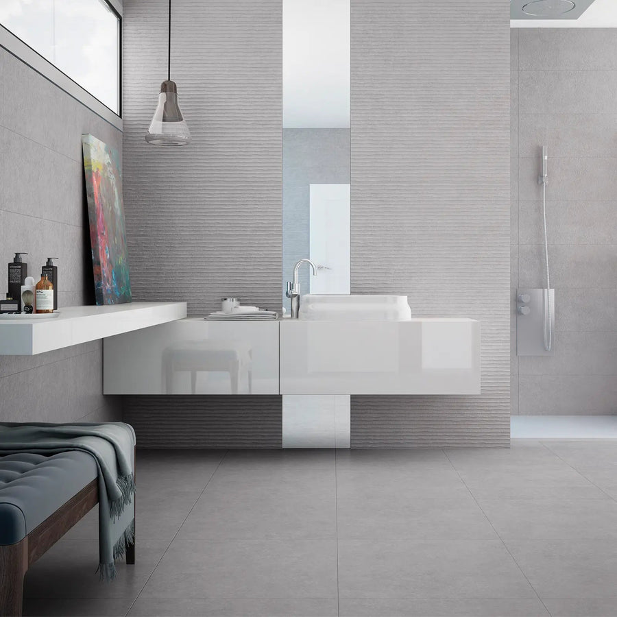 Light Stone Grey Floor 60 x 60cm porcelain stone effect tile room setting
