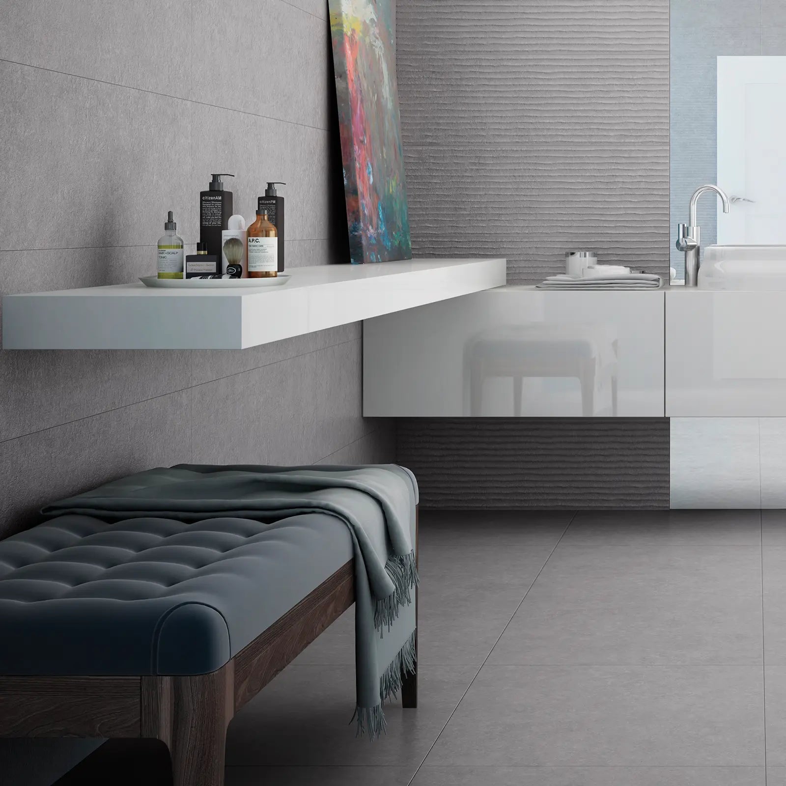 Light Stone Grey Floor 60 x 60cm porcelain stone effect tile room setting