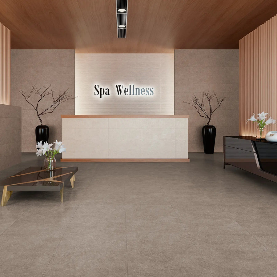 Light Stone Taupe Floor 60 x 60cm porcelain stone effect tile room setting