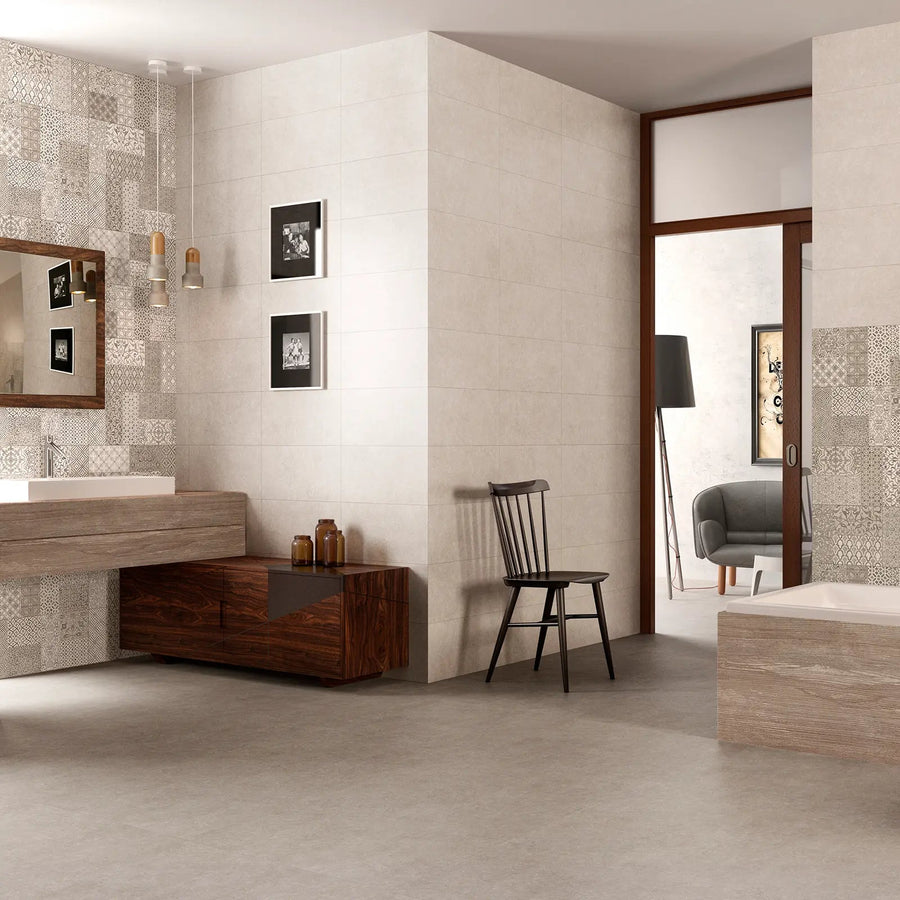 Light Stone Taupe Floor 60 x 60cm porcelain stone effect tile room setting
