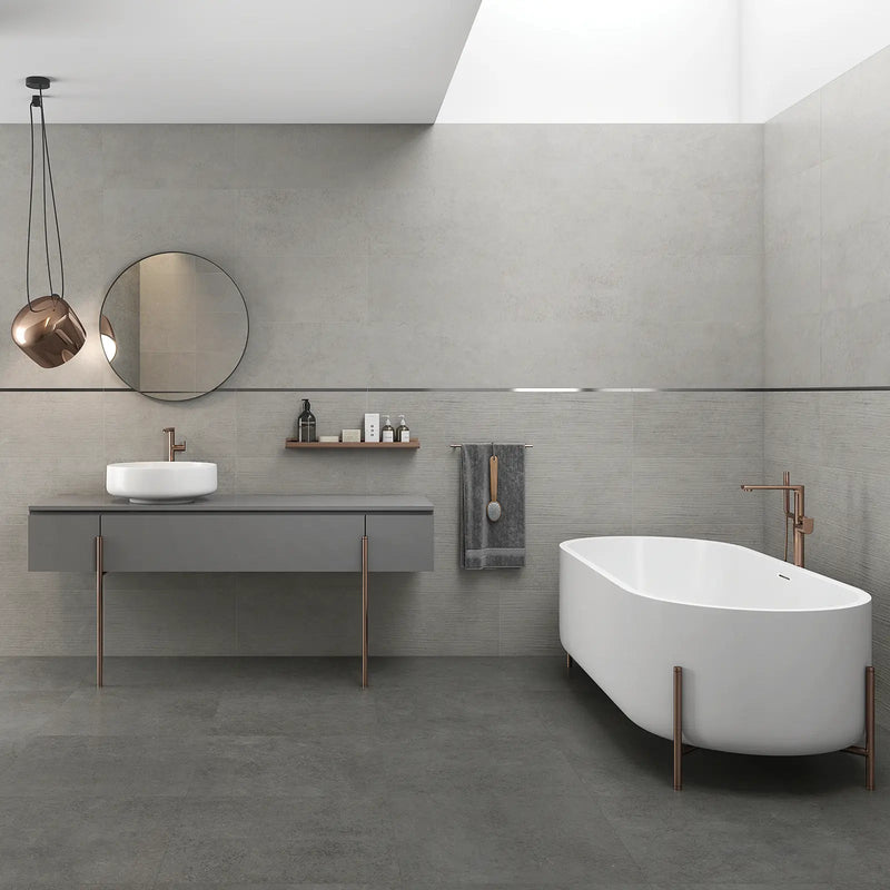 Wave Plumb Floor 60 x 60cm glazed porcelain concrete effect tile room setting