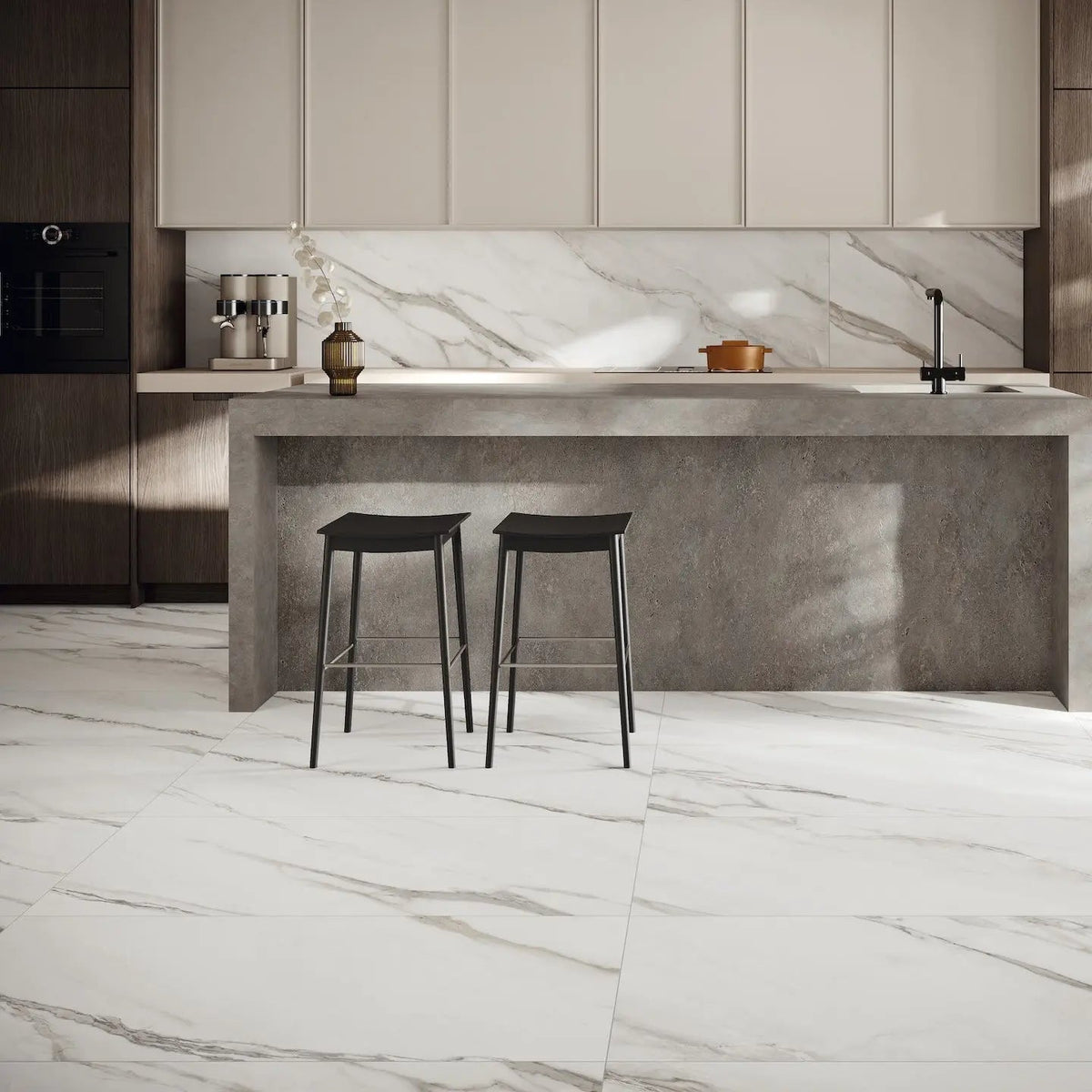 Apollo Cloud 60 x 120cm marble effect porcelain wall and floor tiles in a light interior