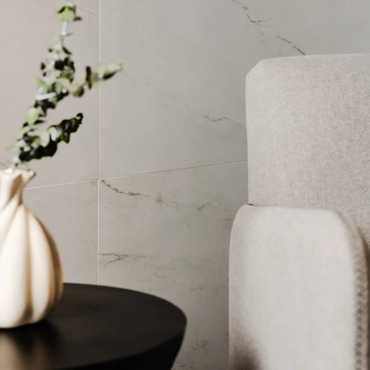 Apollo Cloud marble effect porcelain floor tiles in a modern kitchen