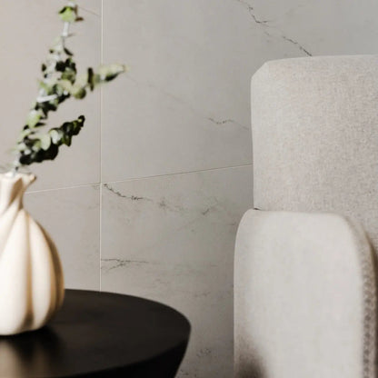 Apollo Cloud marble effect porcelain floor tiles in a modern kitchen