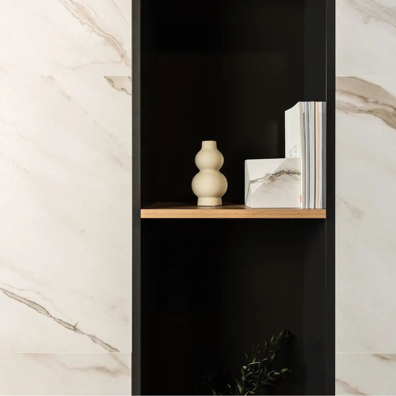 Apollo Cloud marble effect porcelain wall tiles in a bright interior