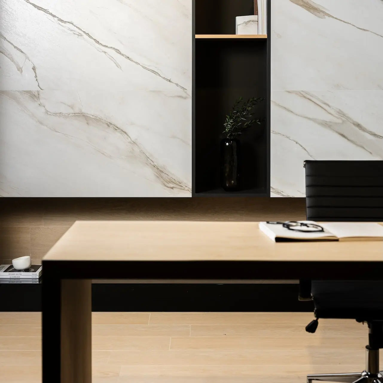 Apollo Cloud white grey marble effect porcelain tiles in an elegant room setting