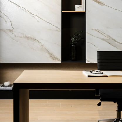 Apollo Cloud white grey marble effect porcelain tiles in an elegant room setting