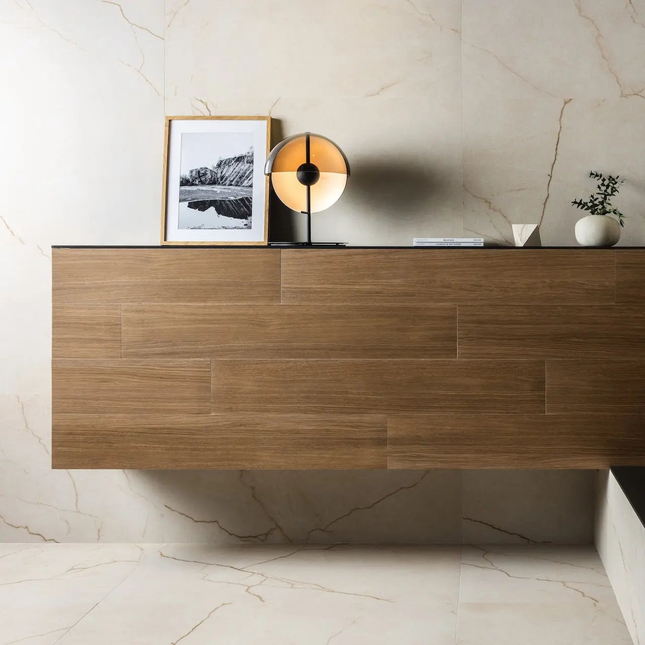 Alba Parchment 60 x 120cm marble effect porcelain wall and floor tiles in an elegant interior