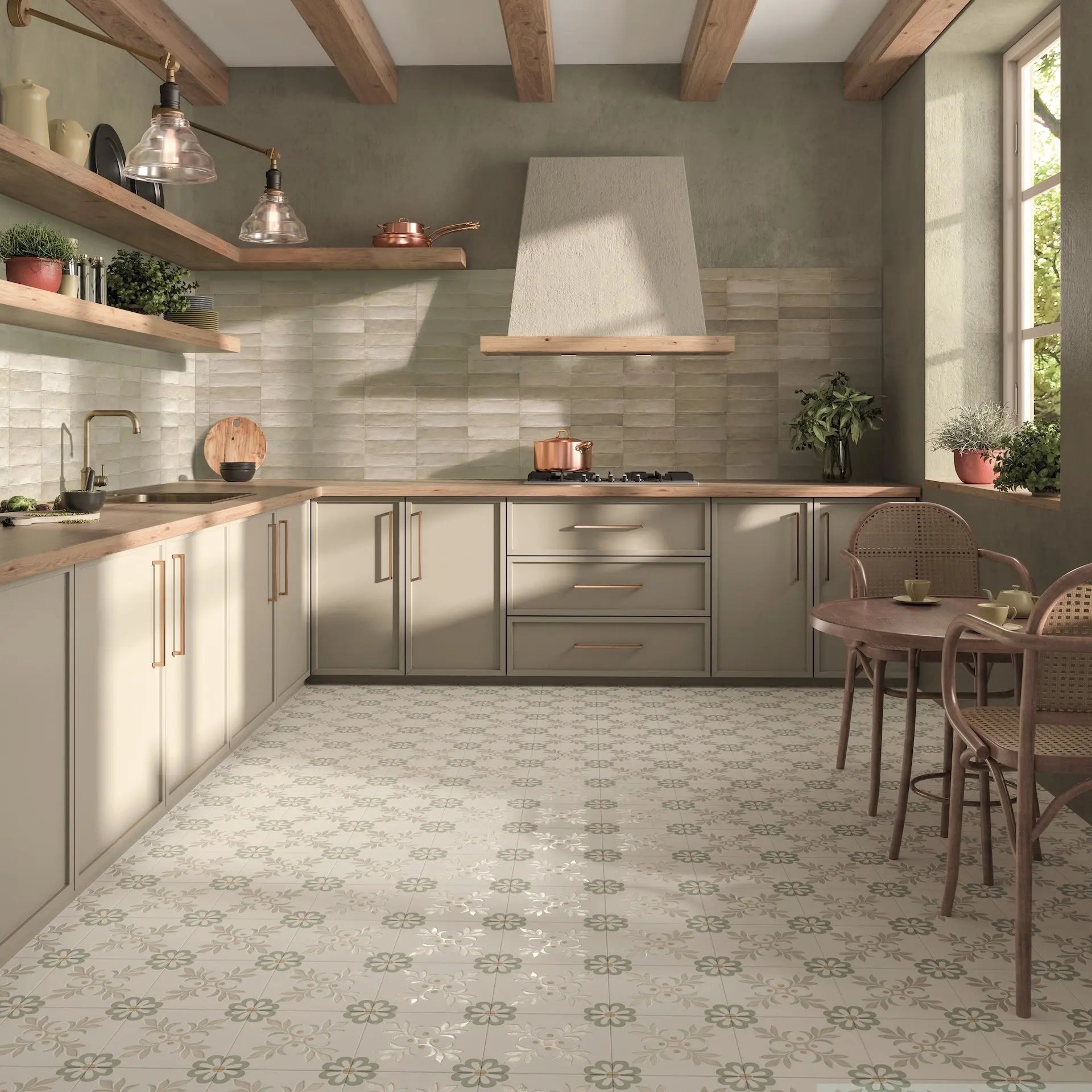 Terra Bone 6 x 24.6cm porcelain zellige-look tiles in a styled room setting