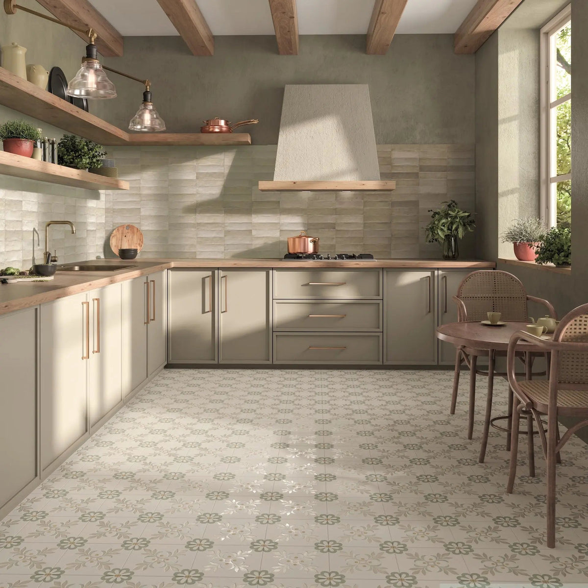 Terra Bone 6 x 24.6cm porcelain zellige-look tiles in a styled room setting