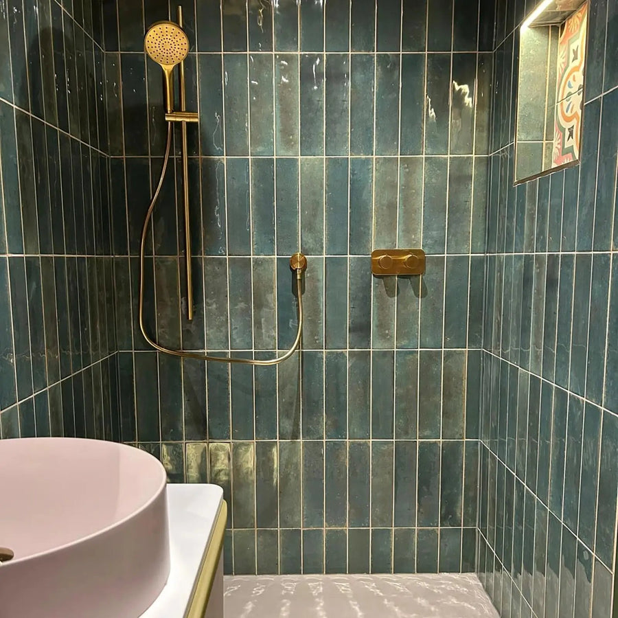 Bali Green Olive 7.5 x 30cm glazed ceramic zellige tile room setting