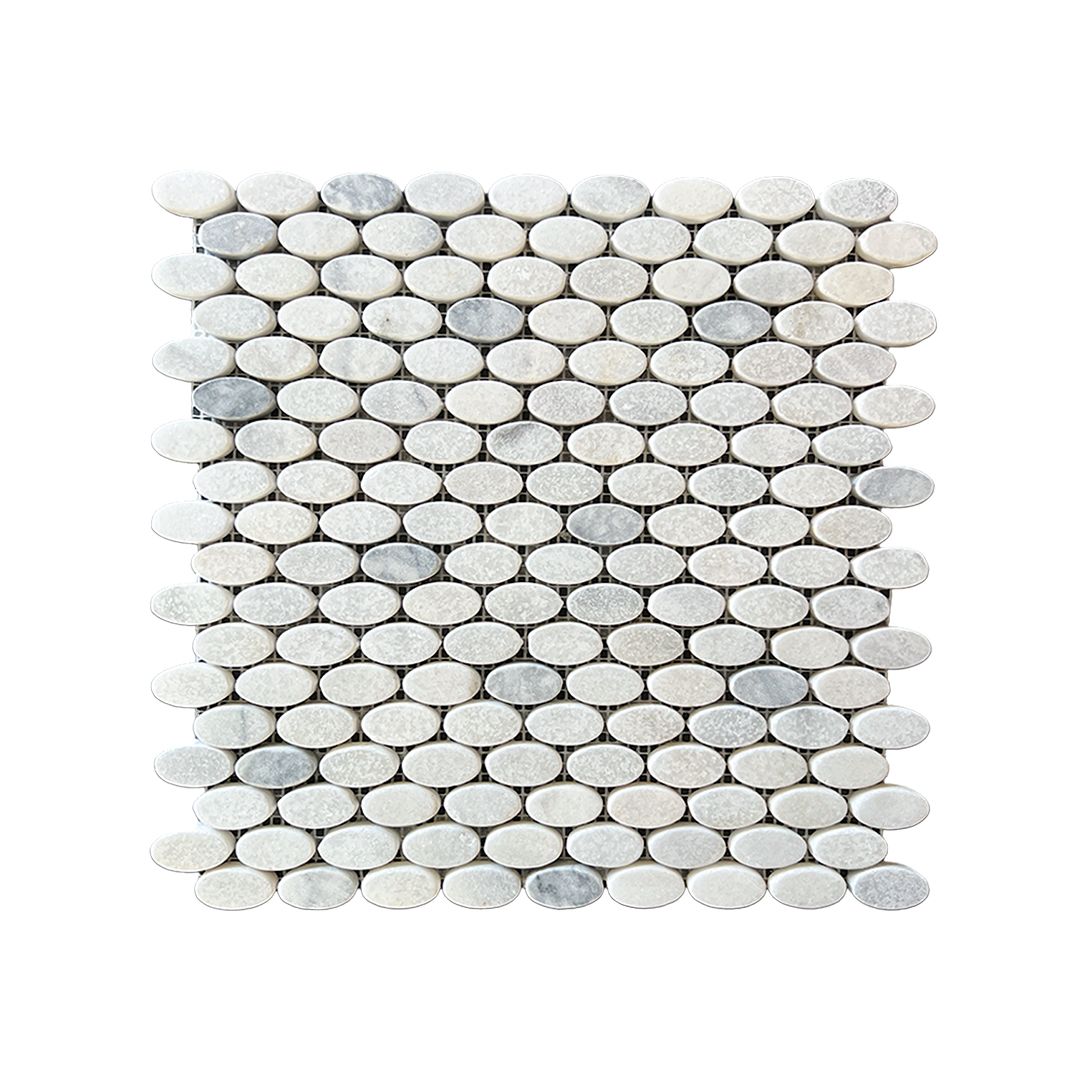 Carrara white and platinum grey tumbled marble ellipse mosaic sheet