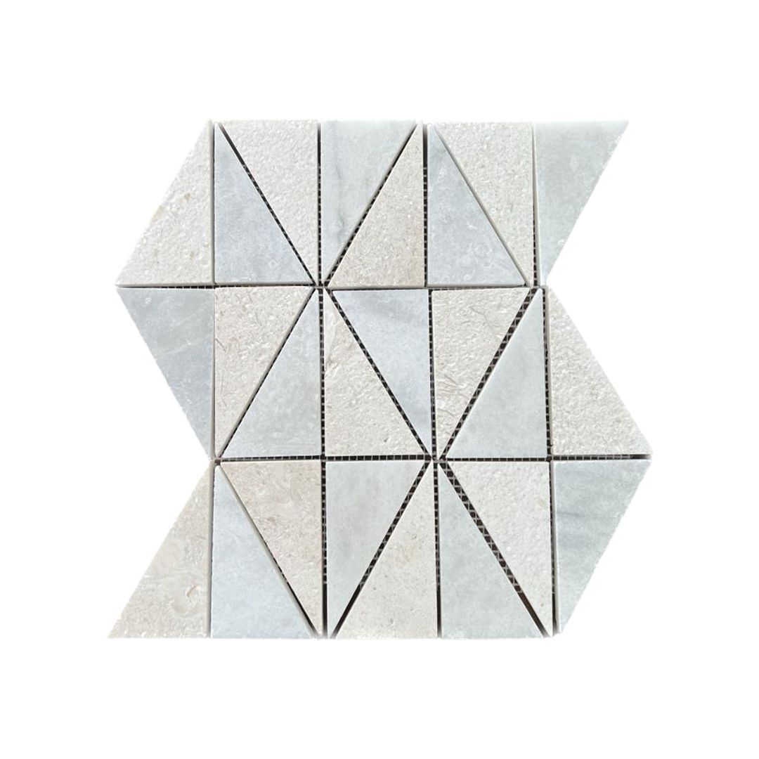 Full mesh-backed sheet of brushed Shellstone limestone and honed Carrara White marble triangle mosaic