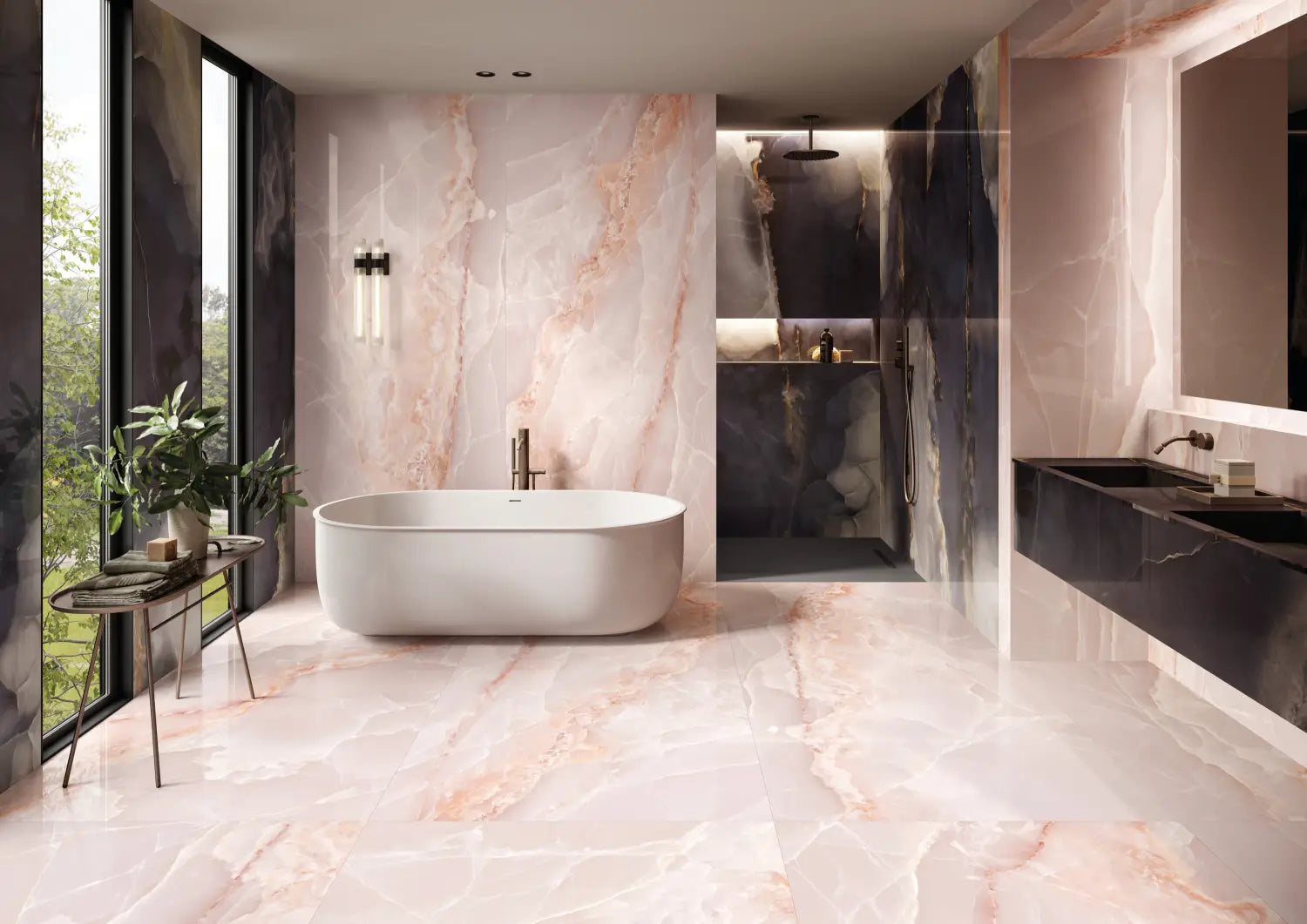 Onyx Pink in Polished and Matt bathroom tiles from Hyperion Tiles