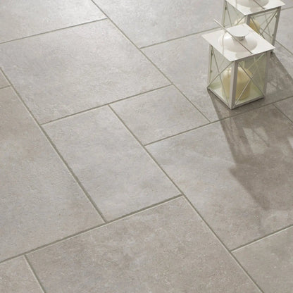 Pietro Mist grey stone effect modular floor tiles in a traditional interior