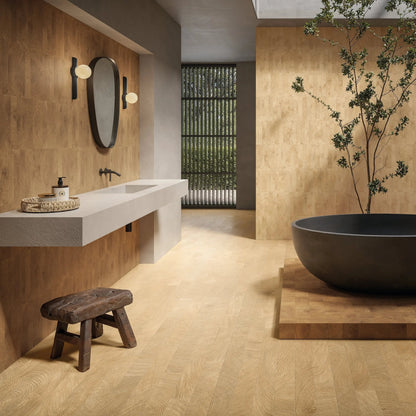 Fraser Oak 5.3x30cm wood-effect porcelain tile room setting