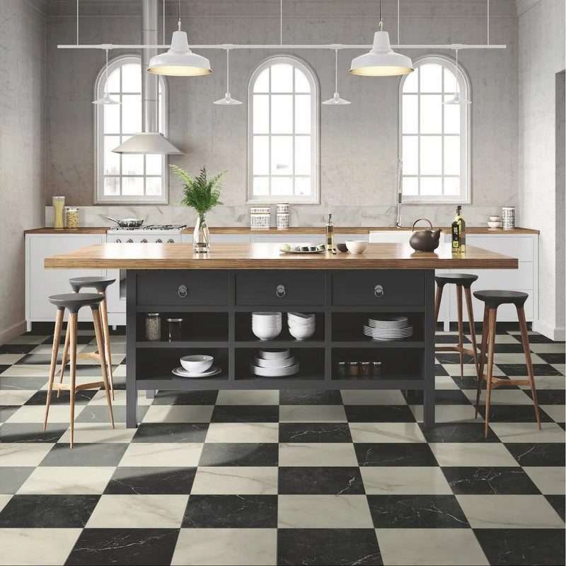 Lomond Blanco 30x30cm marble-effect porcelain tile chequerboard floor room setting