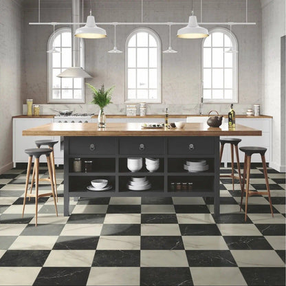 Lomond Nero 30x30cm marble-effect porcelain tile kitchen setting