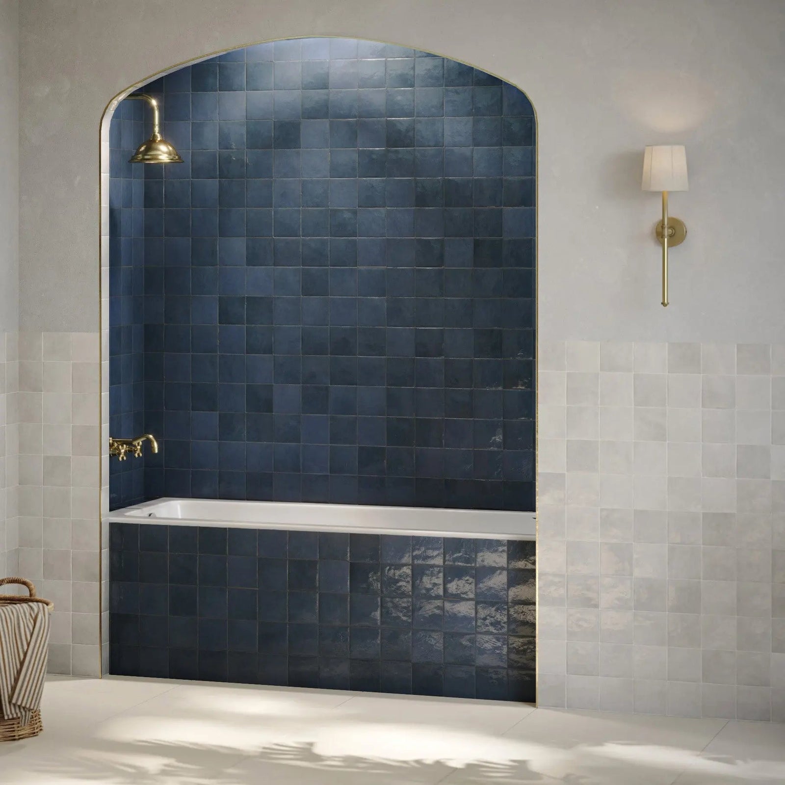 Taza Denim 10 x 10cm Ceramic Tile in a bathroom setting