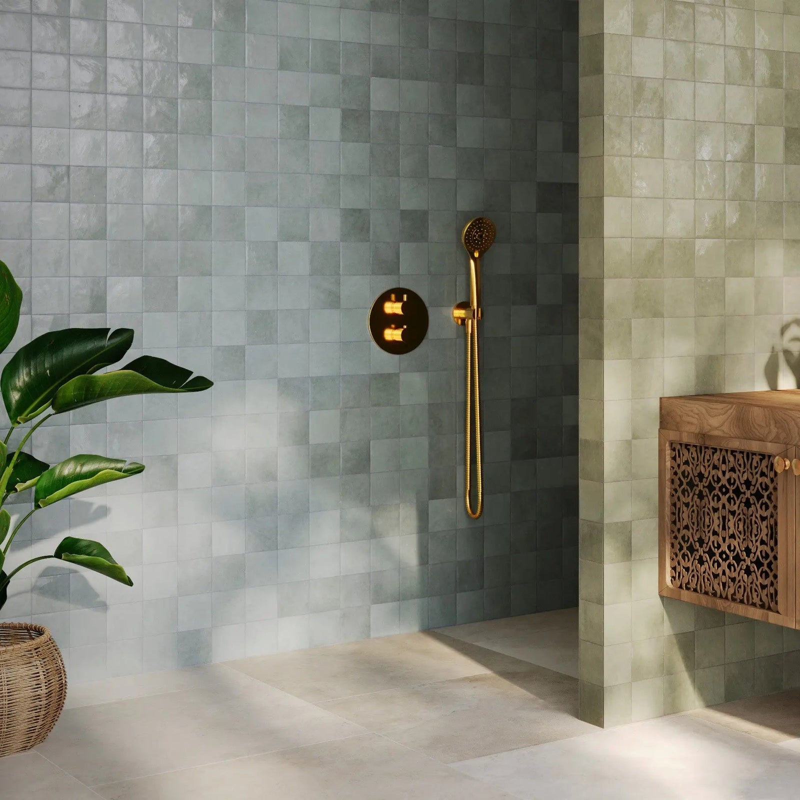 Taza Sky 10 x 10cm Ceramic Tile in a bathroom setting