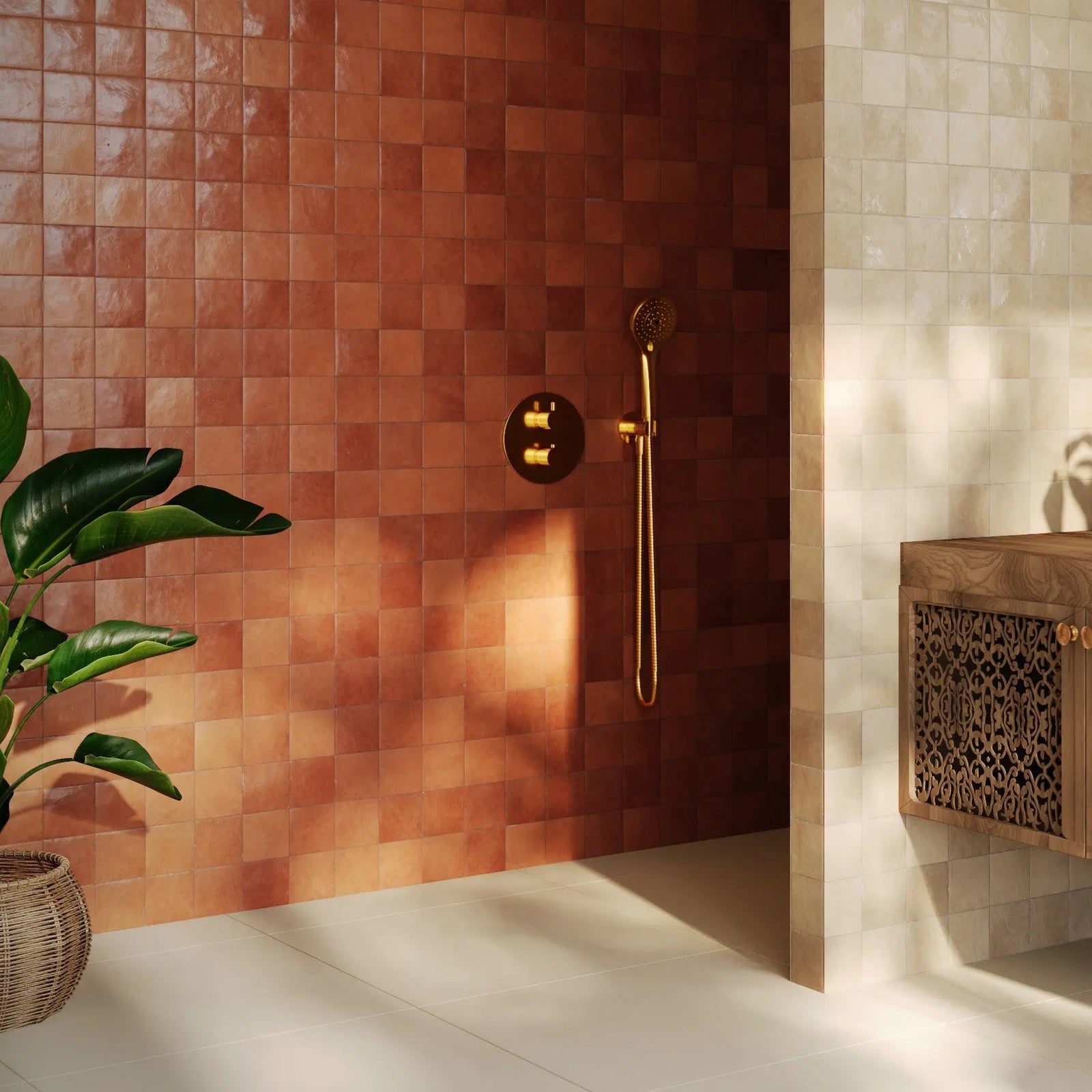 Taza Pumpkin 10 x 10cm Ceramic Tile in a bathroom setting