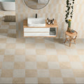 Atlas Cotton 30 x 30cm porcelain tiles laid across a living space floor