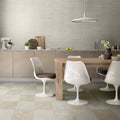 Atlas Almond warm beige stone-effect porcelain tiles in a room setting