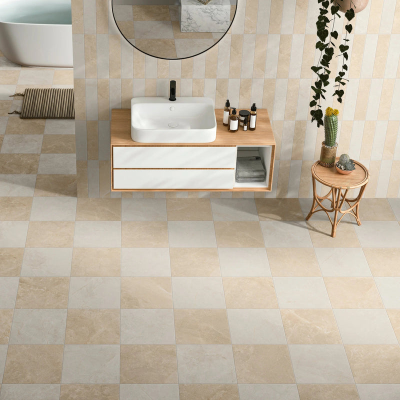 Atlas Almond matt porcelain tiles styled in a warm interior