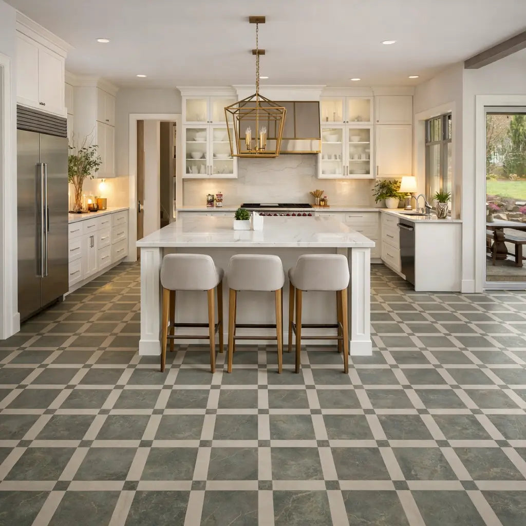 Atlas Jadestone sage green stone-effect porcelain tiles in a room setting