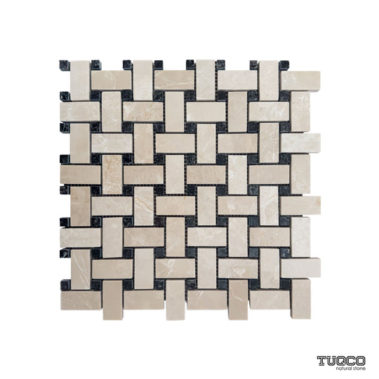Beige Polished Marble Basket Weave Mosaic Wall & Floor Tile - alternate view