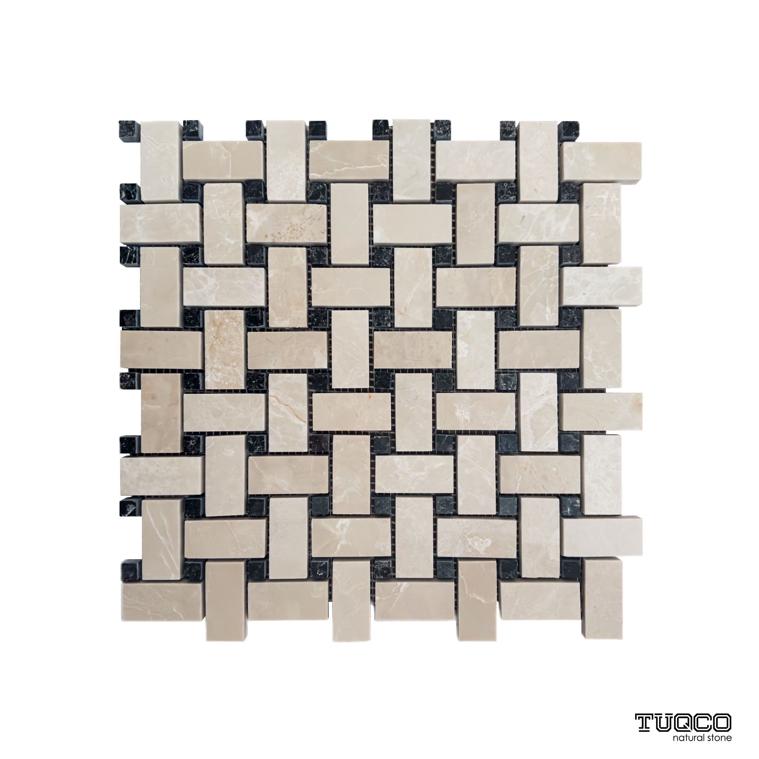 Full mesh-backed sheet of polished beige marble basket weave mosaic