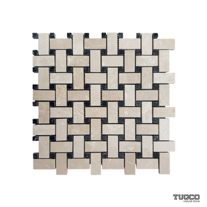 Full mesh-backed sheet of polished beige marble basket weave mosaic