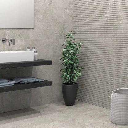 Himalaya Grey Carved Decor 30 x 60cm glazed ceramic carved stone effect tile room setting