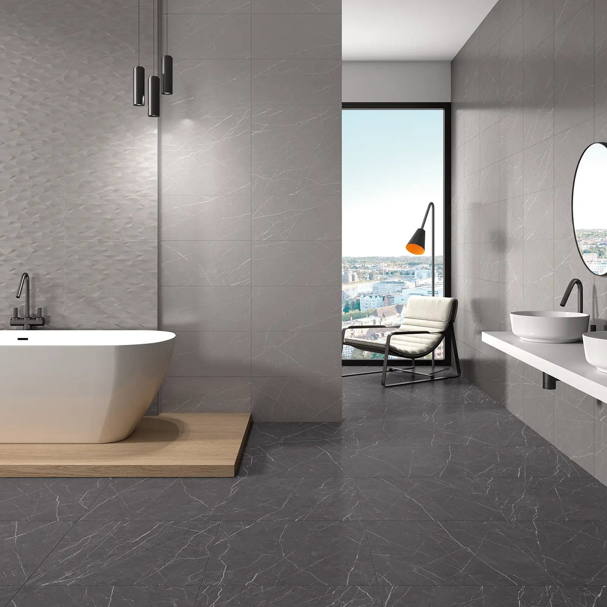 Muse Grey 30 x 60cm ceramic marble effect tile room setting