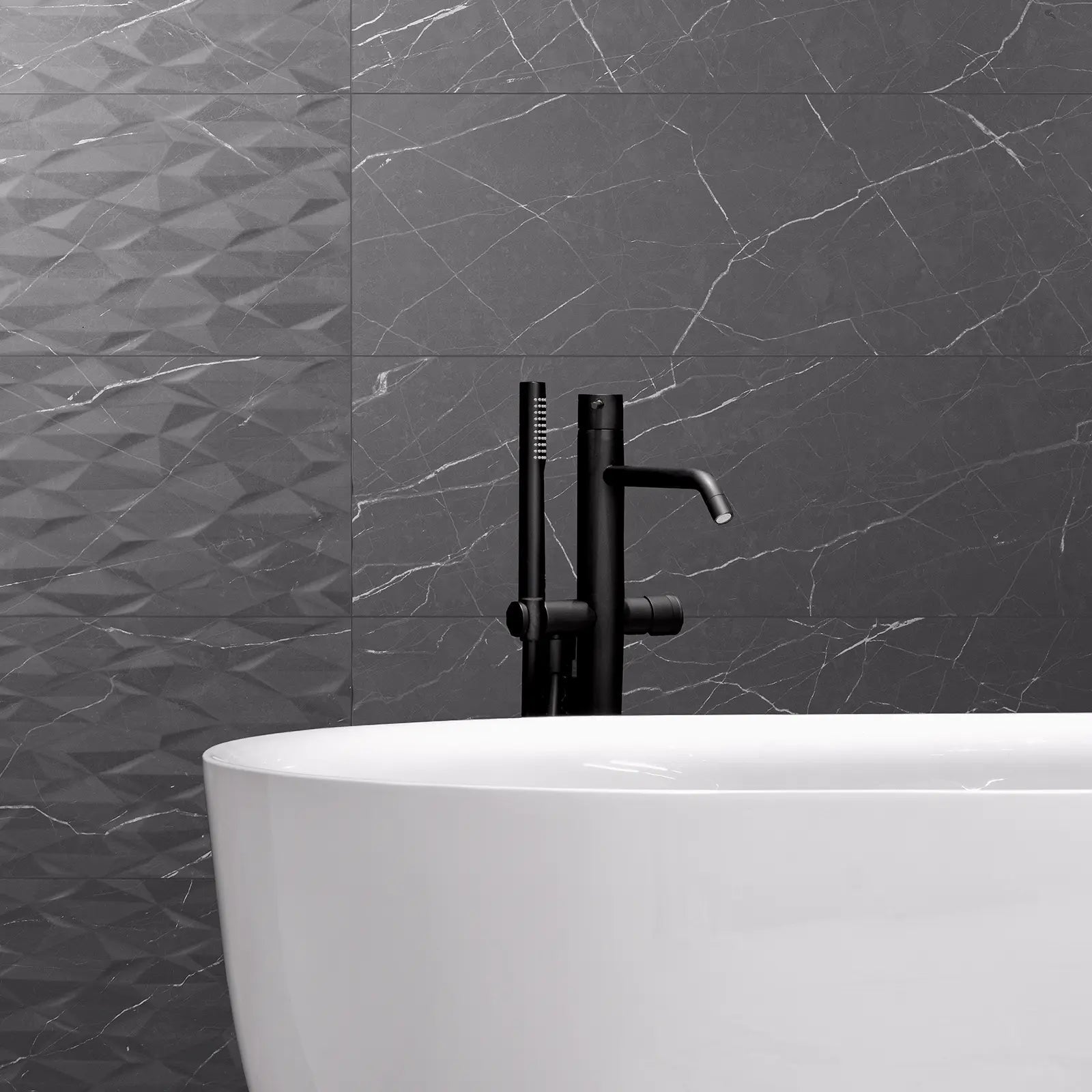 Muse Coal 30 x 60cm ceramic marble effect tile room setting