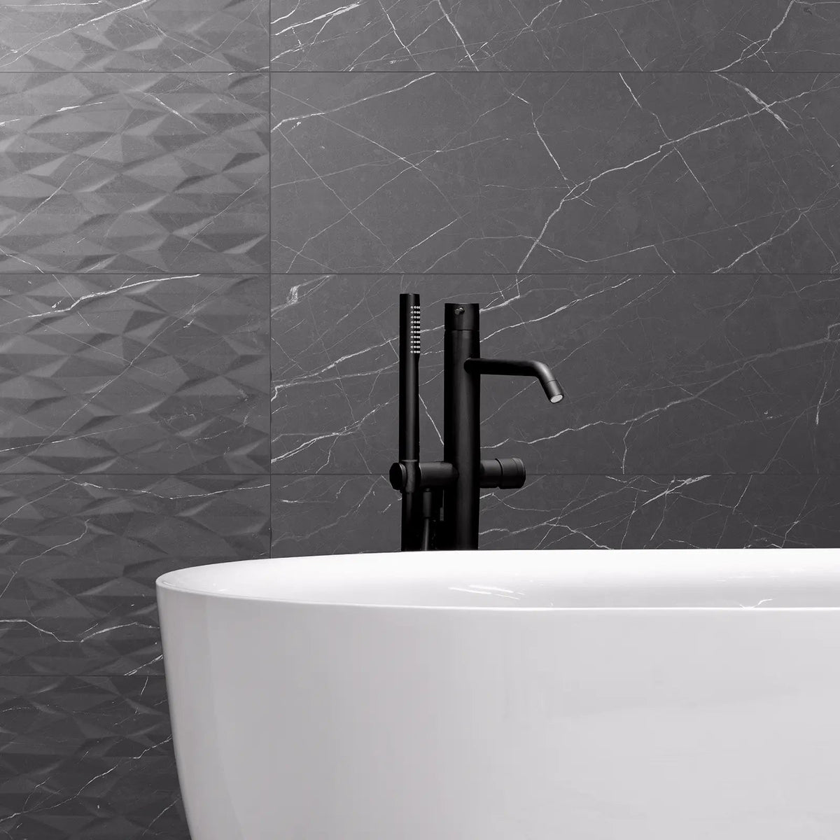 Muse Coal 30 x 60cm ceramic marble effect tile room setting