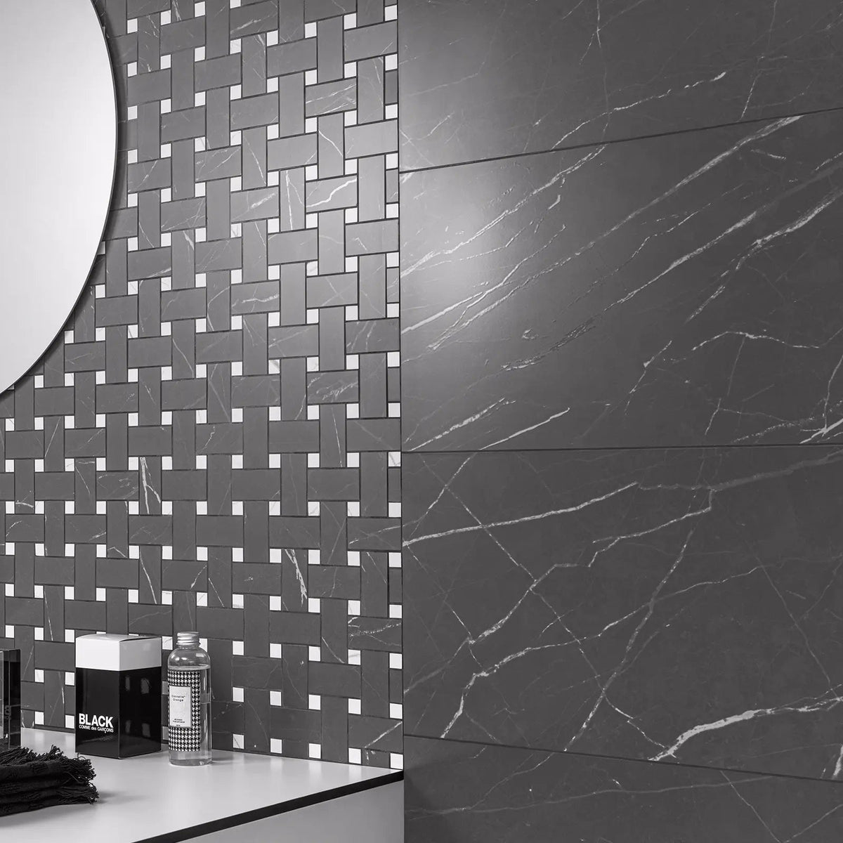Muse Coal 30 x 60cm ceramic marble effect tile room setting
