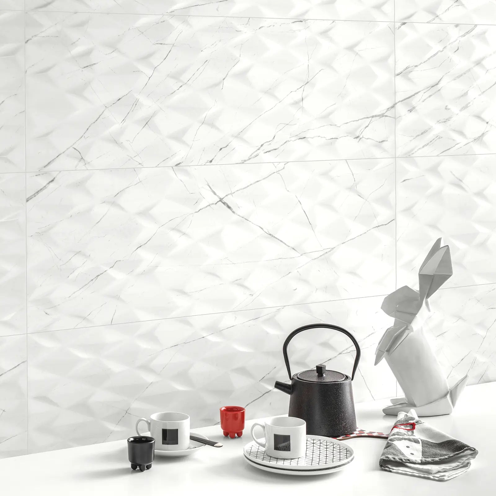 Muse White Prisma Decor 30 x 60cm ceramic marble effect tile room setting