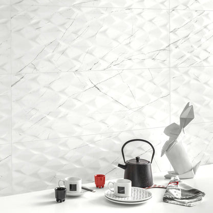 Muse White Prisma Decor 30 x 60cm ceramic marble effect tile room setting