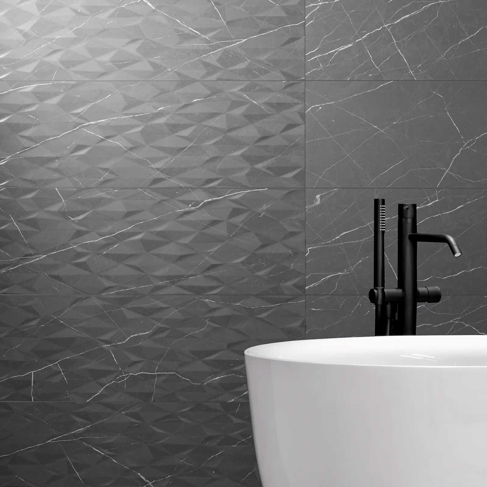 Muse Coal Prisma Decor 30 x 60cm ceramic marble effect tile room setting